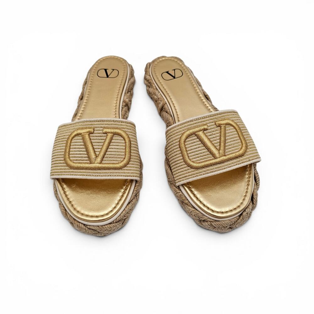 Valentino Garavani Vlogo Gold Beige Slide Sandal Espadrille Jute Size 38 8